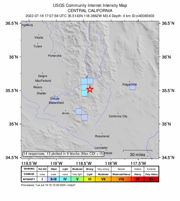 USGS DYFI community-reported intensity map for the M3.4 earthquake near 12km SE of Bodfish, CA