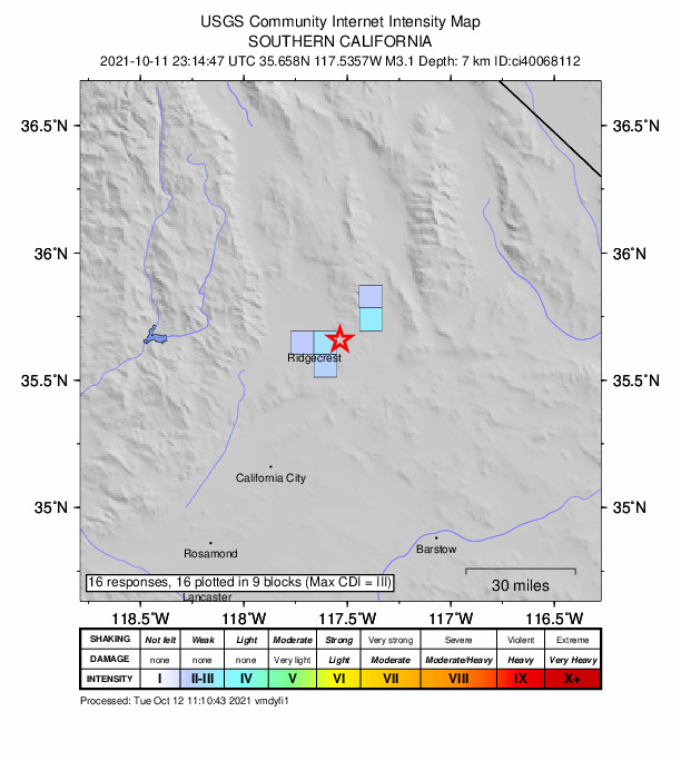 USGS DYFI community-reported intensity map for the M3.1 earthquake near 13km ENE of Ridgecrest, CA