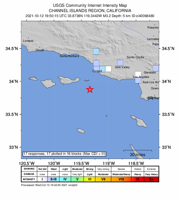 USGS DYFI community-reported intensity map for the M3.3 earthquake near 24km SE of Santa Cruz Is. (E end), CA