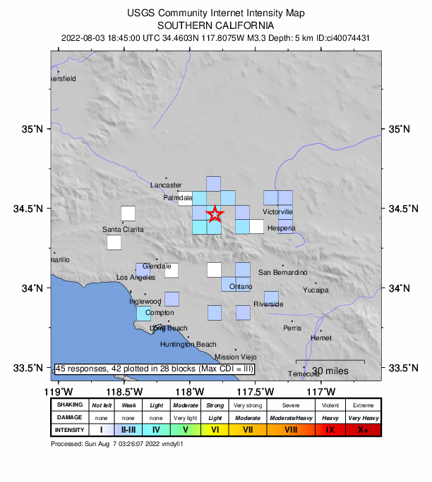 USGS DYFI community-reported intensity map for the M3.3 earthquake near 4km SSW of Llano, CA