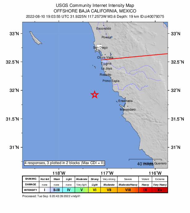 USGS DYFI community-reported intensity map for the M3.6 earthquake near 46km SW of Primo Tapia, B.C., MX