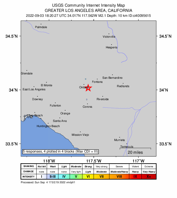 USGS DYFI community-reported intensity map for the M2.0 earthquake near 5km NW of Mira Loma, CA
