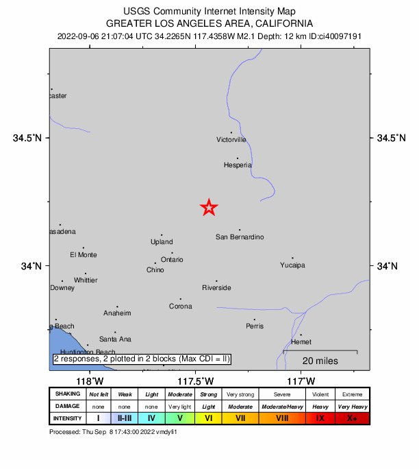 USGS DYFI community-reported intensity map for the M2.1 earthquake near 3km W of Devore, CA