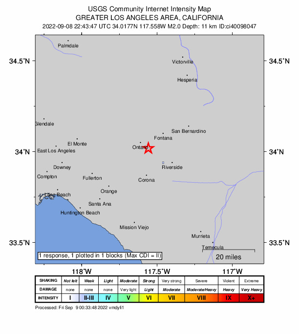 USGS DYFI community-reported intensity map for the M2.0 earthquake near 5km NW of Mira Loma, CA