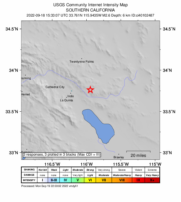 USGS DYFI community-reported intensity map for the M2.6 earthquake near 23km NE of Thermal, CA