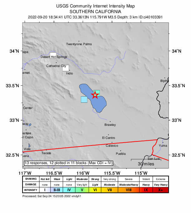 USGS DYFI community-reported intensity map for the M3.5 earthquake near 6km WNW of Bombay Beach, CA