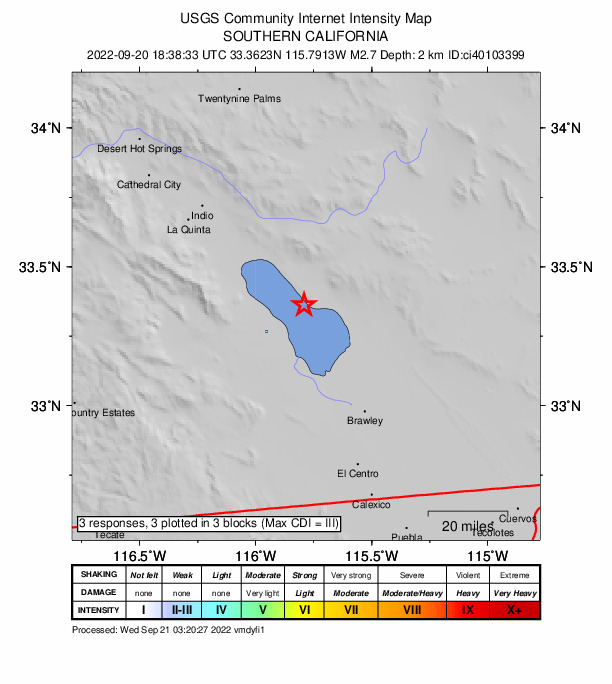 USGS DYFI community-reported intensity map for the M2.7 earthquake near 6km WNW of Bombay Beach, CA