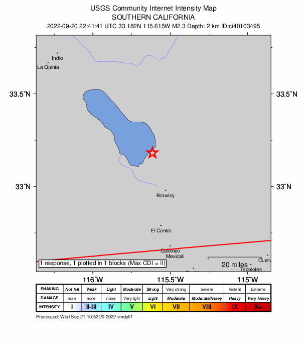 USGS DYFI community-reported intensity map for the M2.3 earthquake near 11km SW of Niland, CA