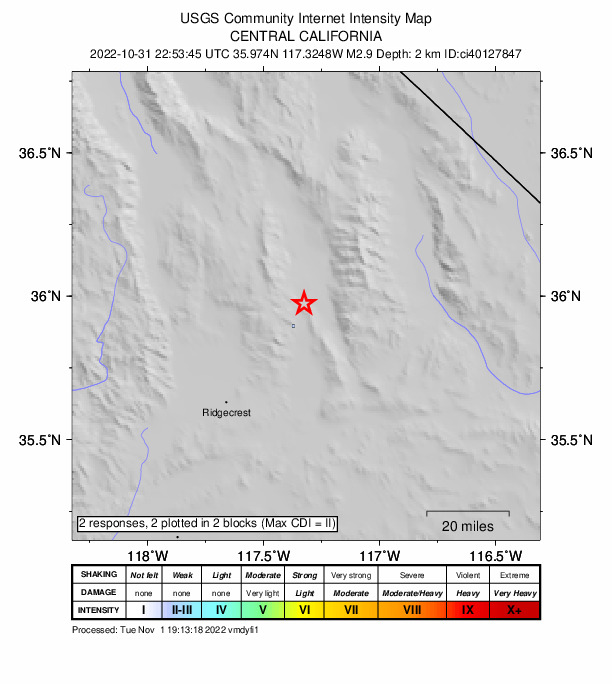 USGS DYFI community-reported intensity map for the M2.9 earthquake near 24km NNE of Trona, CA