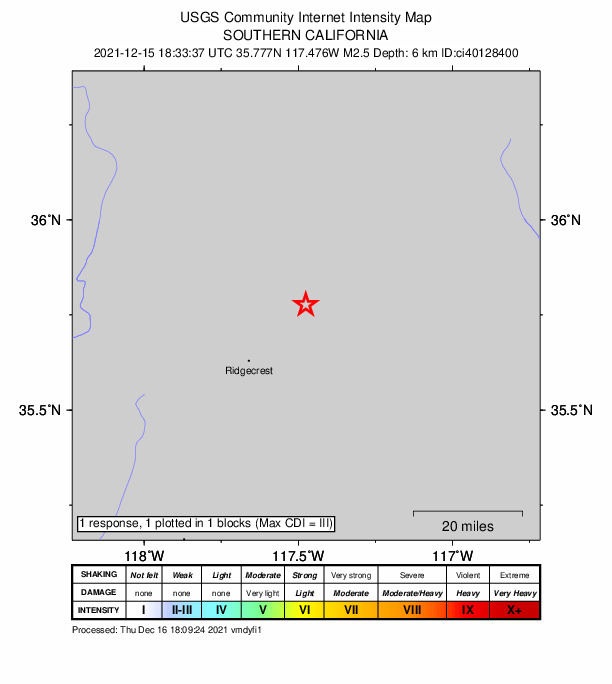 USGS DYFI community-reported intensity map for the M2.5 earthquake near 7km W of Searles Valley, CA