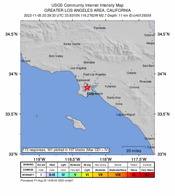 USGS DYFI community-reported intensity map for the M2.7 earthquake near 0km E of Carson, CA