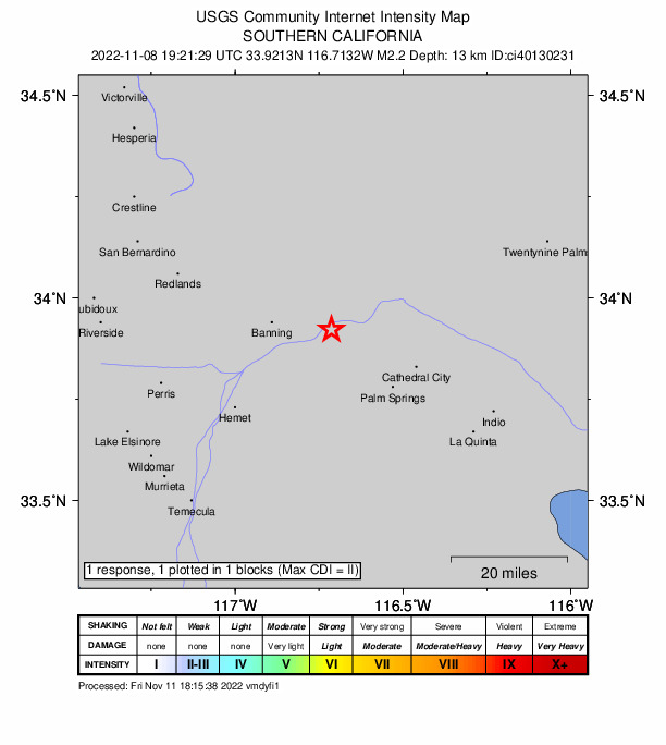 USGS DYFI community-reported intensity map for the M2.2 earthquake near 7km E of Cabazon, CA