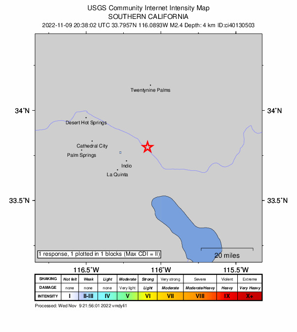 USGS DYFI community-reported intensity map for the M2.4 earthquake near 14km NE of Indio, CA