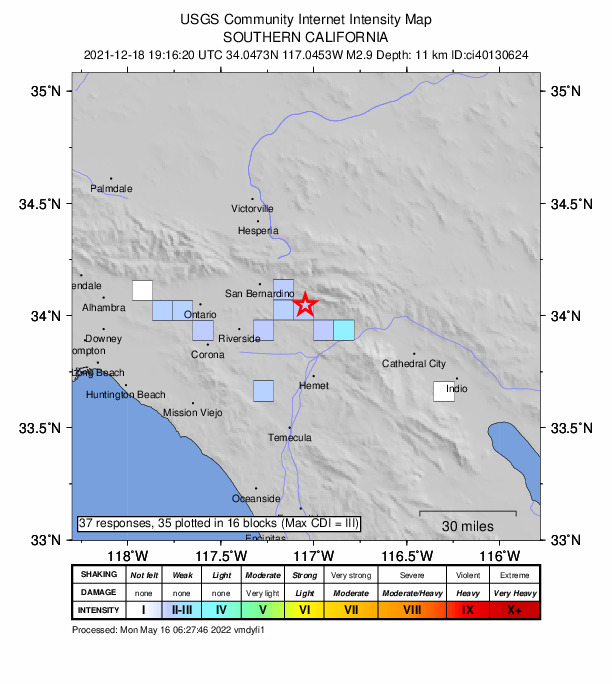 USGS DYFI community-reported intensity map for the M2.9 earthquake near 2km N of Yucaipa, CA