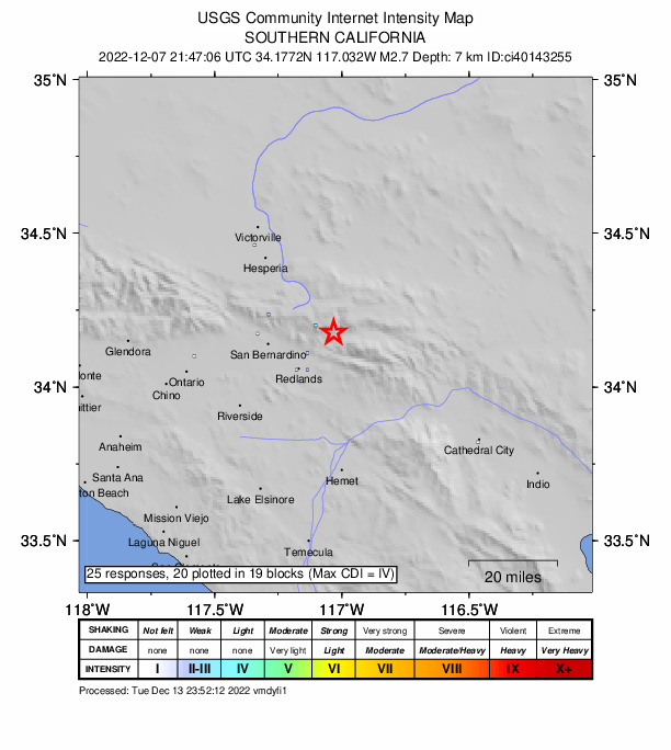USGS DYFI community-reported intensity map for the M2.7 earthquake near 8km ESE of Running Springs, CA
