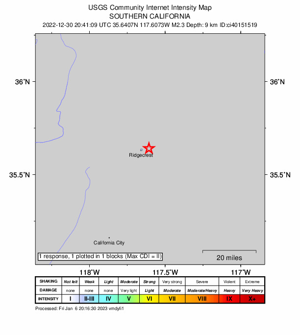 USGS DYFI community-reported intensity map for the M2.3 earthquake near 7km ENE of Ridgecrest, CA