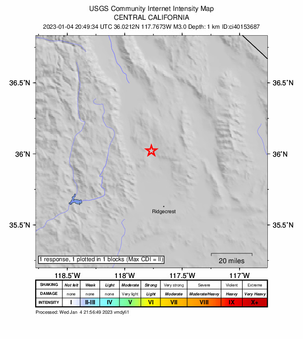 USGS DYFI community-reported intensity map for the M3.0 earthquake near 16km NE of Little Lake, CA