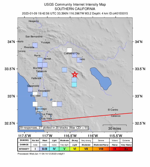 USGS DYFI community-reported intensity map for the M3.2 earthquake near 16km N of Borrego Springs, CA