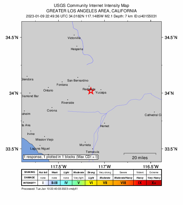 USGS DYFI community-reported intensity map for the M2.1 earthquake near 5km SE of Redlands, CA