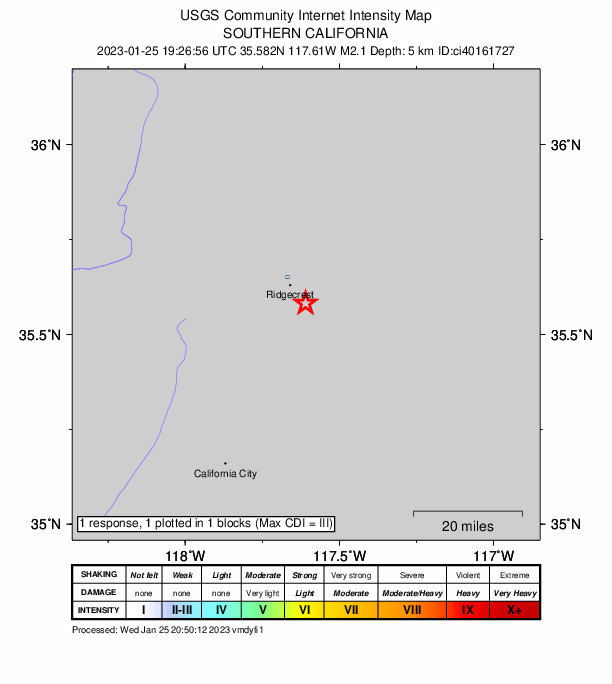USGS DYFI community-reported intensity map for the M2.1 earthquake near 7km SE of Ridgecrest, CA