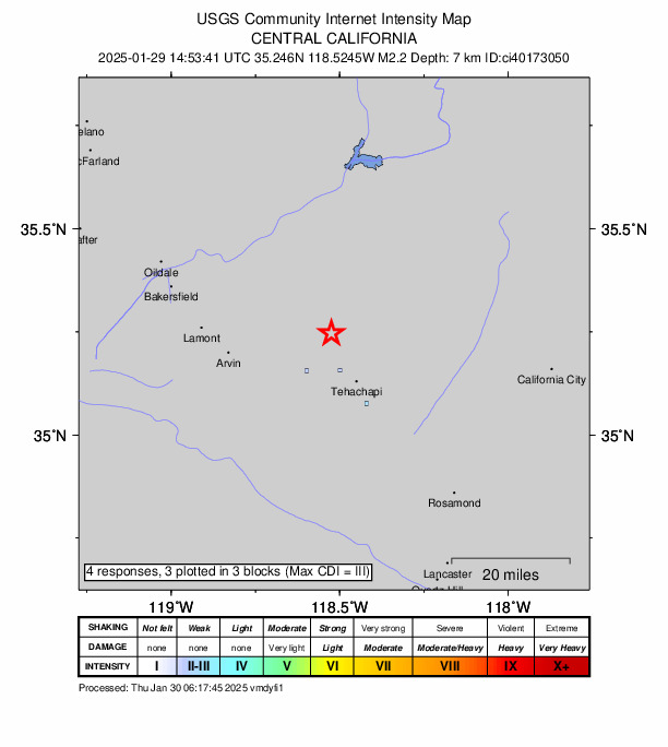 USGS DYFI community-reported intensity map for the M2.2 earthquake near 14 km NNW of Tehachapi, CA