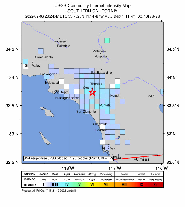 USGS DYFI community-reported intensity map for the M3.6 earthquake near 13km NE of Trabuco Canyon, CA
