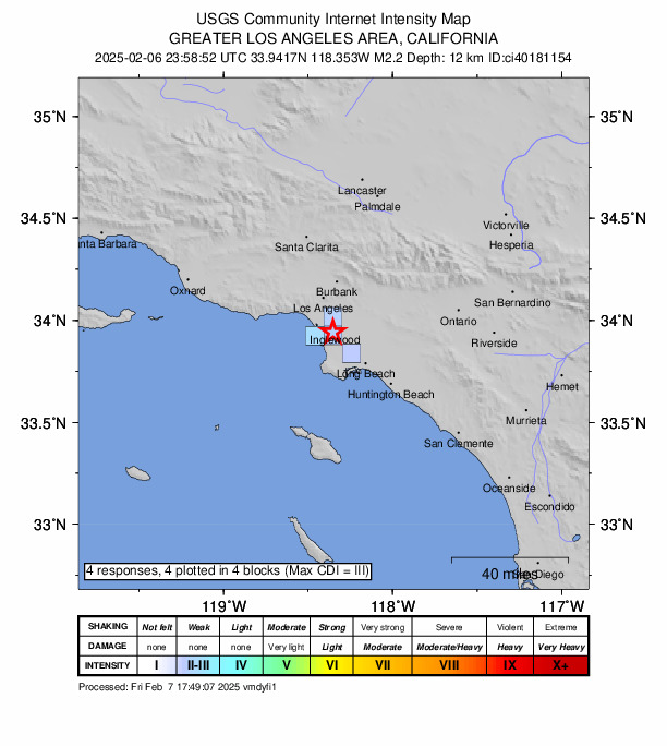 USGS DYFI community-reported intensity map for the M2.2 earthquake near 0 km N of Lennox, CA