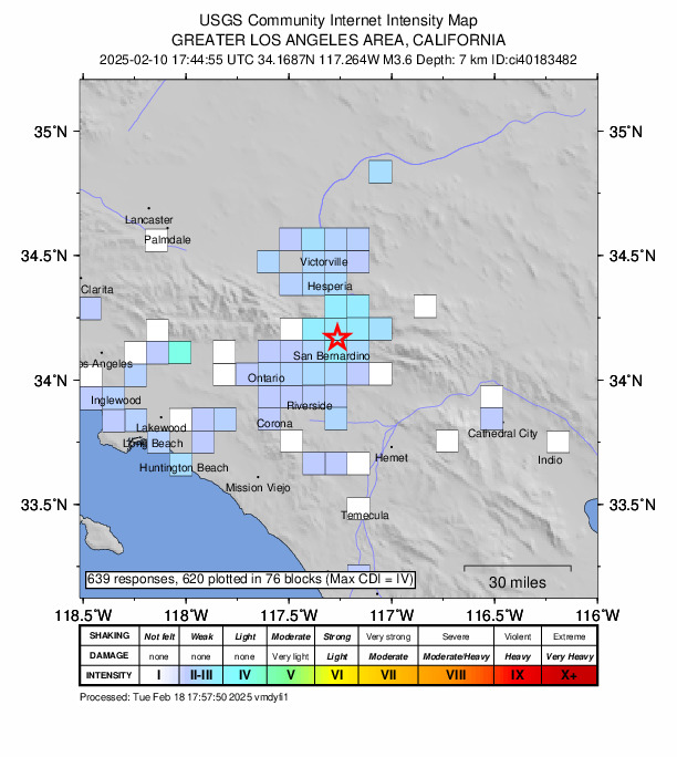 USGS DYFI community-reported intensity map for the M3.6 earthquake near 5 km NNE of San Bernardino, CA