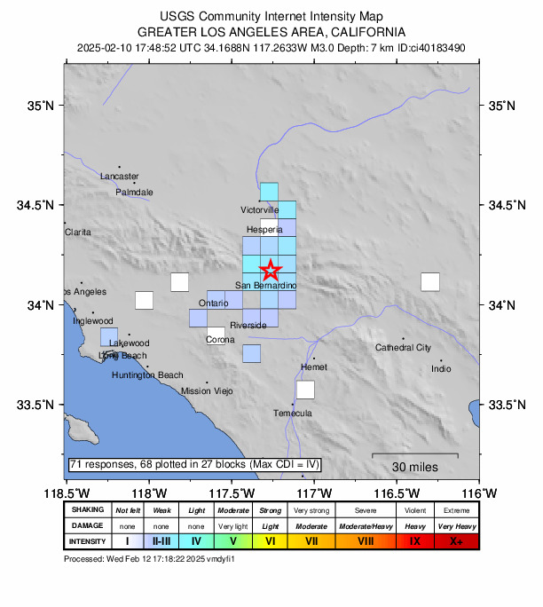 USGS DYFI community-reported intensity map for the M3.0 earthquake near 5 km NNE of San Bernardino, CA