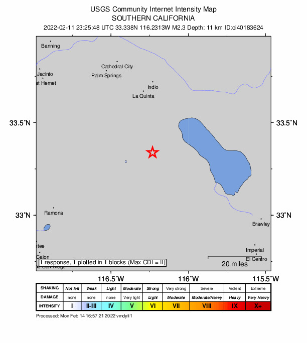 USGS DYFI community-reported intensity map for the M2.3 earthquake near 16km NE of Borrego Springs, CA