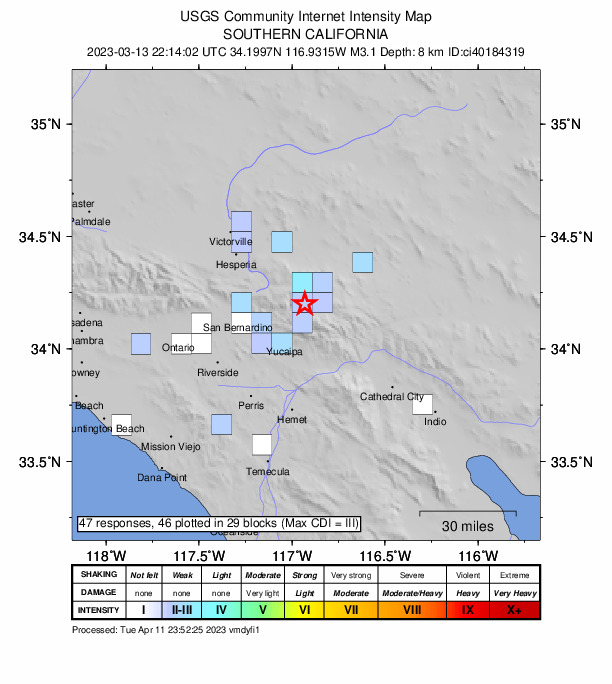 USGS DYFI community-reported intensity map for the M3.1 earthquake near 5km SSW of Big Bear Lake, CA