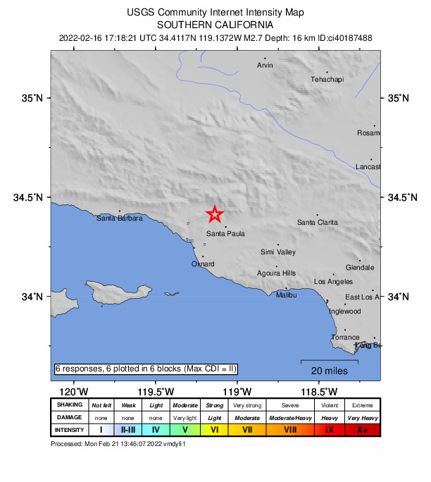 USGS DYFI community-reported intensity map for the M2.7 earthquake near 10km NW of Santa Paula, CA