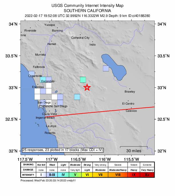 USGS DYFI community-reported intensity map for the M2.9 earthquake near 25km SW of Ocotillo Wells, CA