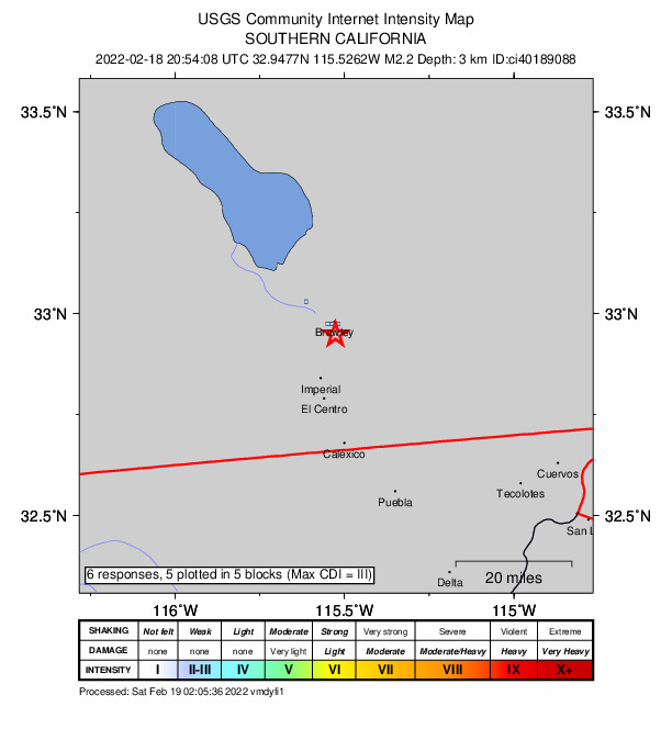 USGS DYFI community-reported intensity map for the M2.3 earthquake near 4km S of Brawley, CA
