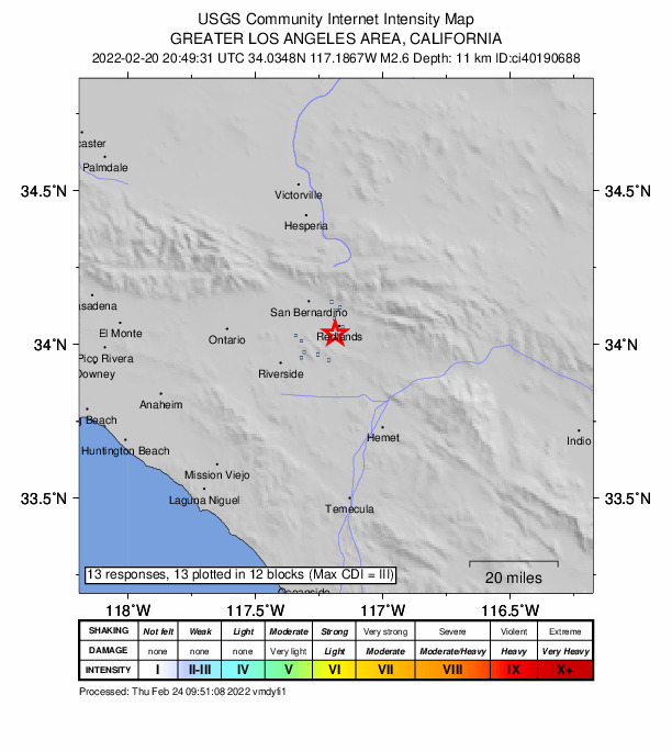USGS DYFI community-reported intensity map for the M2.6 earthquake near 2km S of Redlands, CA