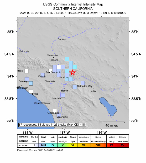 USGS DYFI community-reported intensity map for the M3.3 earthquake near 18 km N of Cabazon, CA