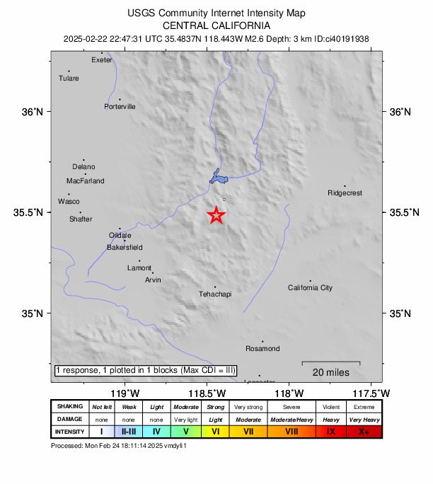 USGS DYFI community-reported intensity map for the M2.6 earthquake near 12 km SSE of Bodfish, CA