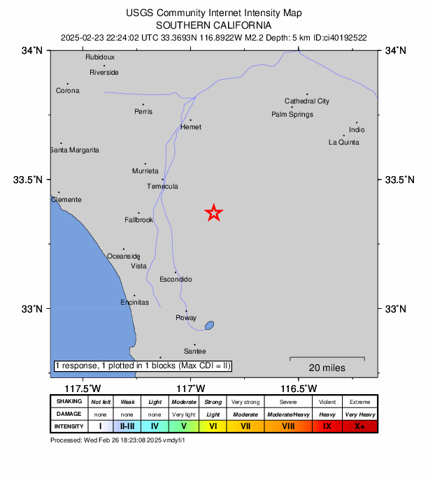 USGS DYFI community-reported intensity map for the M2.2 earthquake near 3 km WNW of Palomar Observatory, CA