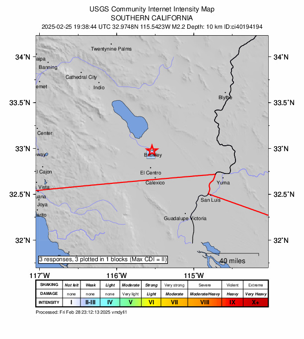 USGS DYFI community-reported intensity map for the M2.2 earthquake near 1 km WSW of Brawley, CA