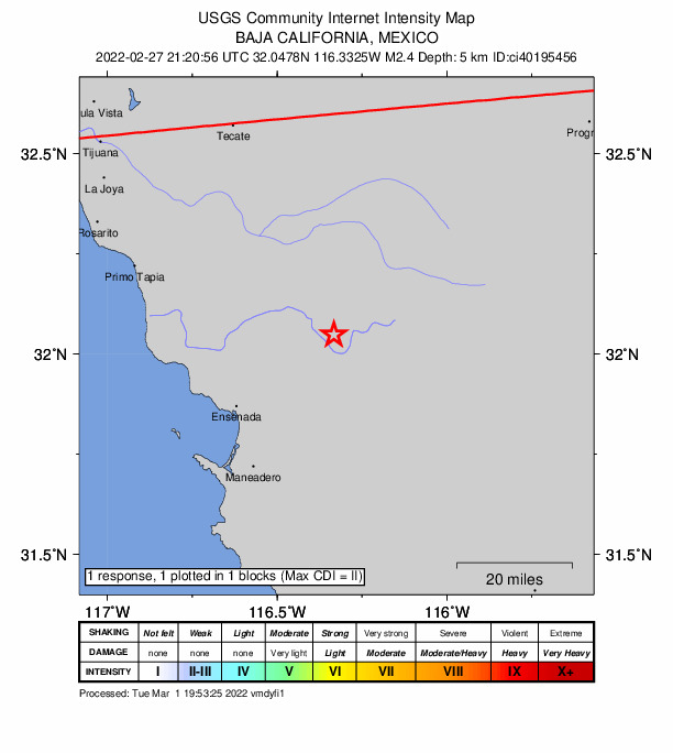 USGS DYFI community-reported intensity map for the M2.4 earthquake near 34km NE of Ensenada, B.C., MX