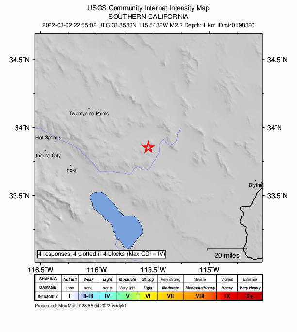USGS DYFI community-reported intensity map for the M2.7 earthquake near 20km NW of Desert Center, CA