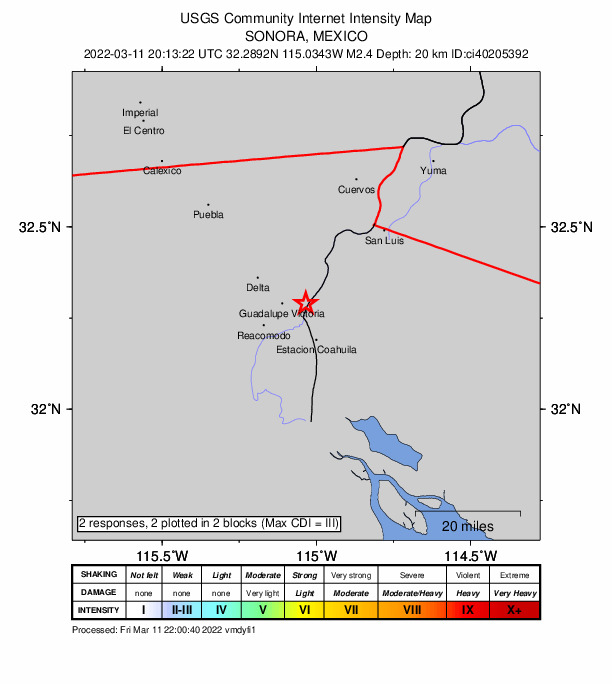 USGS DYFI community-reported intensity map for the M2.4 earthquake near 7km E of Guadalupe Victoria, B.C., MX