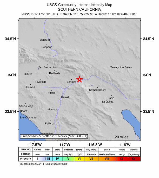 USGS DYFI community-reported intensity map for the M2.4 earthquake near 4km NE of Cabazon, CA