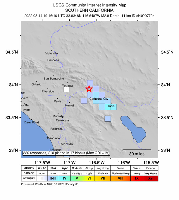 USGS DYFI community-reported intensity map for the M2.9 earthquake near 10km WNW of Garnet, CA