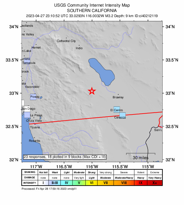 USGS DYFI community-reported intensity map for the M3.2 earthquake near 17km SE of Ocotillo Wells, CA