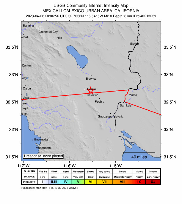 USGS DYFI community-reported intensity map for the M2.0 earthquake near 3km SSW of Heber, CA