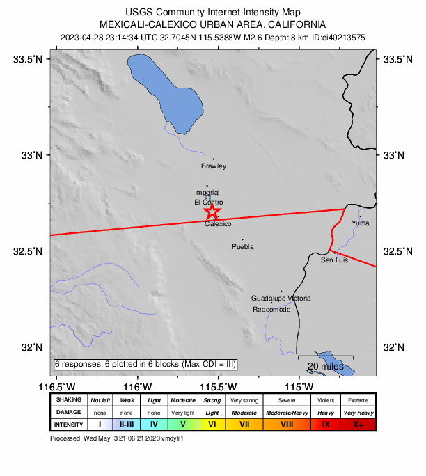 USGS DYFI community-reported intensity map for the M2.6 earthquake near 3km SSW of Heber, CA