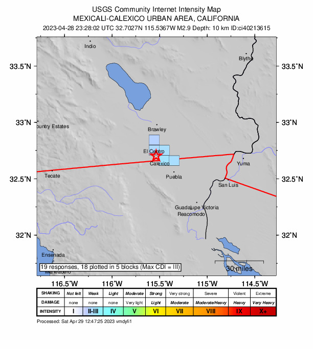 USGS DYFI community-reported intensity map for the M2.9 earthquake near 3km SSW of Heber, CA