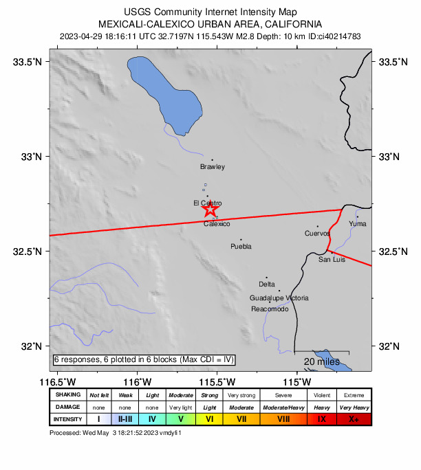 USGS DYFI community-reported intensity map for the M2.8 earthquake near 2km SW of Heber, CA