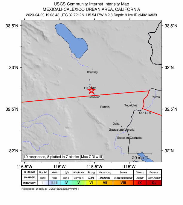 USGS DYFI community-reported intensity map for the M2.8 earthquake near 2km SW of Heber, CA